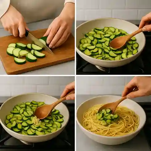 Four-step collage showing Meghan Markle pasta recipe preparation: slicing zucchini, sautéing in olive oil, adding garlic, and mixing sauce with spaghetti