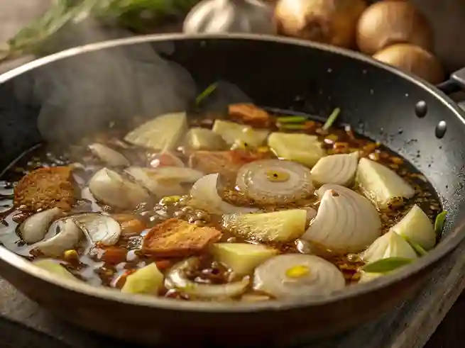 Cooking step – sautéing ginger, garlic, and onions for Chicken Tinola