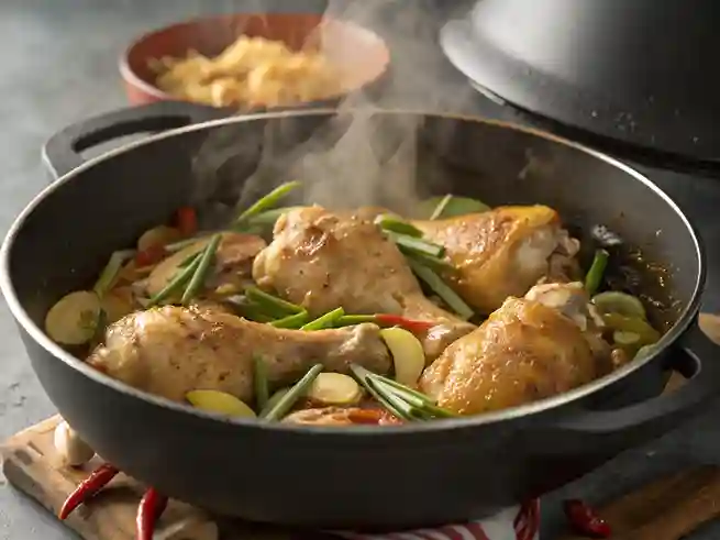 Cooking step – adding chicken pieces to sautéed aromatics