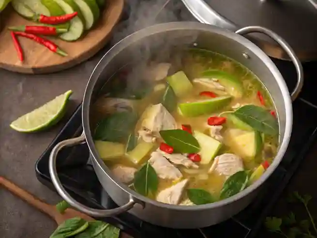 Simmering Chicken Tinola with vegetables and broth
