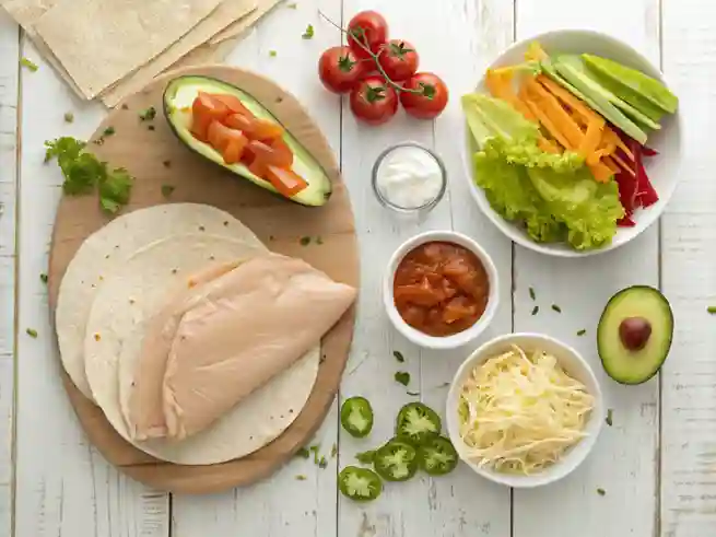 Flat lay of essential ingredients for a Buffalo chicken wrap recipe including raw chicken breast, Buffalo sauce, tortillas, lettuce, shredded cheddar cheese, ranch dressing, diced tomatoes, celery sticks, avocado slices, and jalapeños arranged on a rustic wooden table
