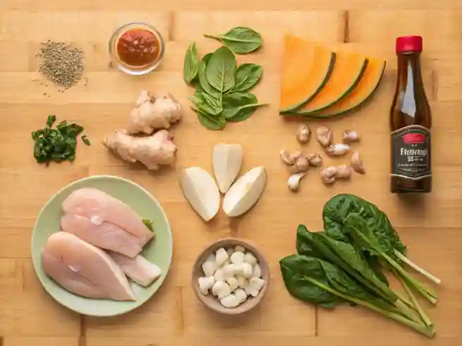 Fresh ingredients for Chicken Tinola including chicken, ginger, garlic, and vegetables.