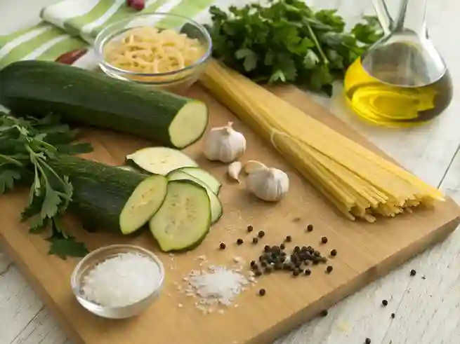 Top-down view of Meghan Markle pasta recipe ingredients including fresh zucchini, olive oil, garlic, uncooked spaghetti, Parmesan cheese, parsley, and seasonings