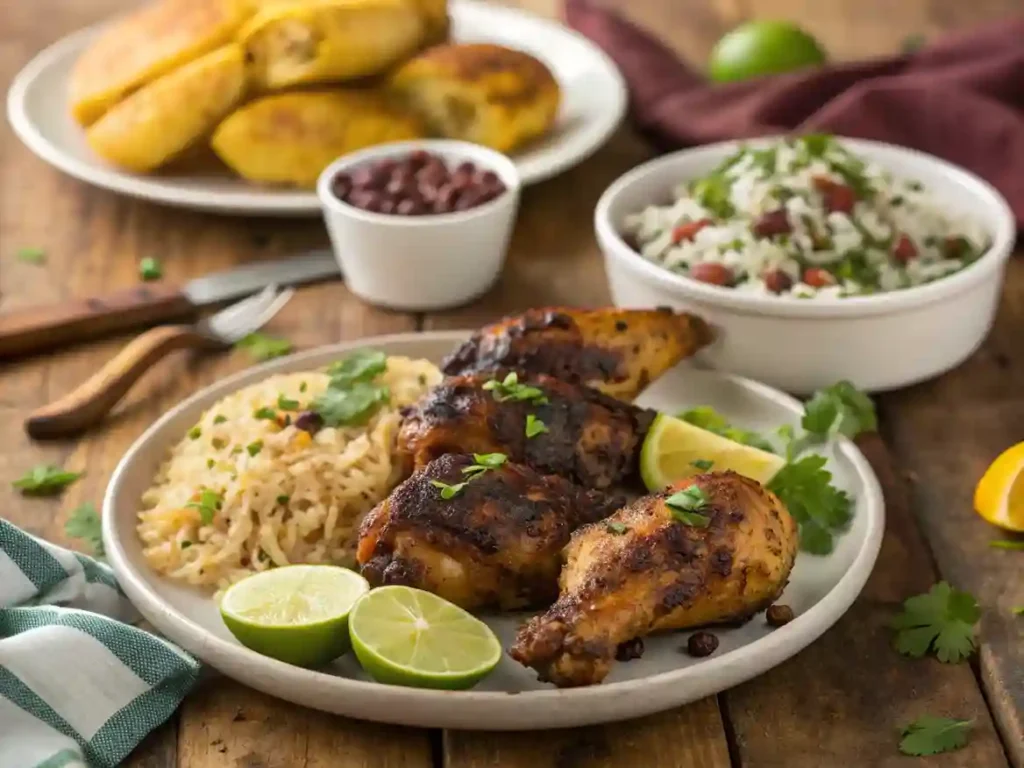 Jerk baked chicken served with rice and peas, fried plantains, and festival bread