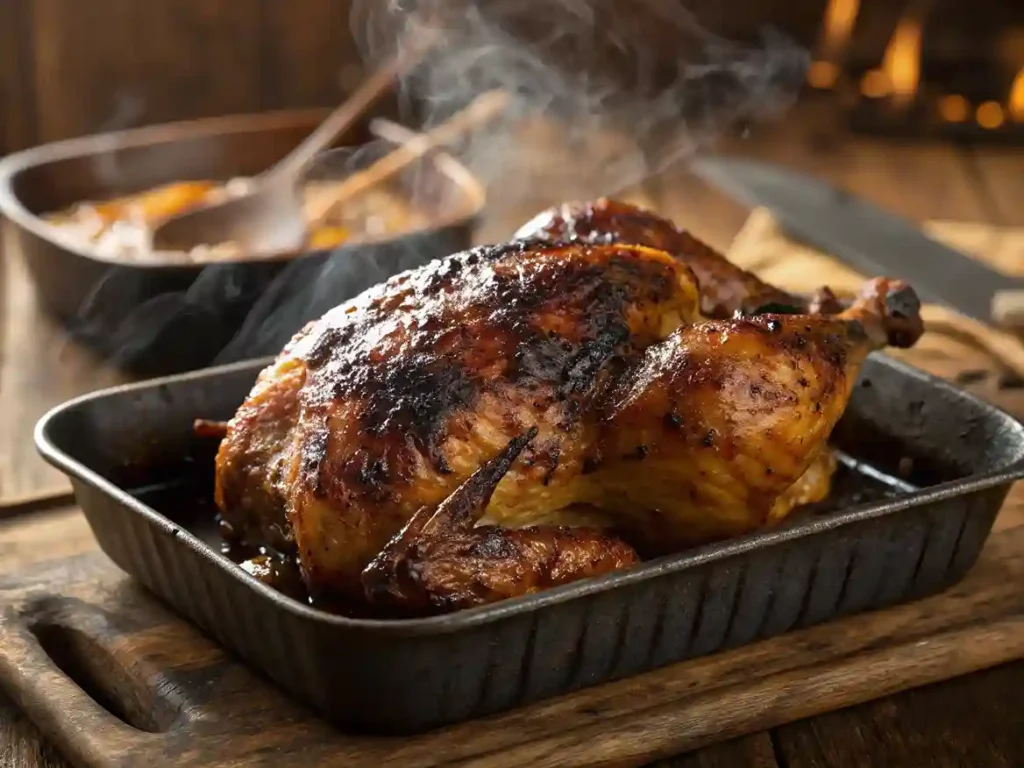 Charred jerk baked chicken skin under the broiler with smoky caramelization.