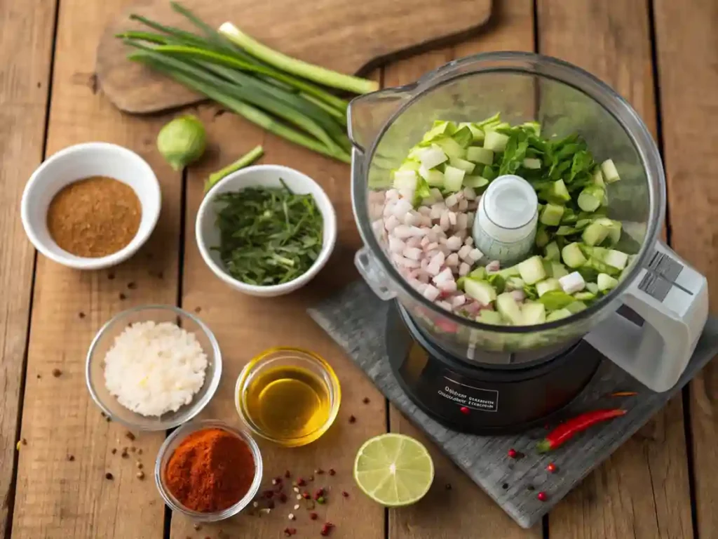 Ingredients for jerk chicken marinade in a blender with spices and herbs on a rustic table