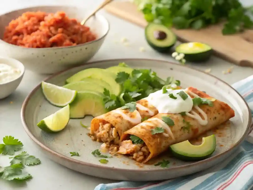 Plated chicken enchiladas with green sauce topped with cilantro, avocado, and sour cream, served with rice and lime wedges.