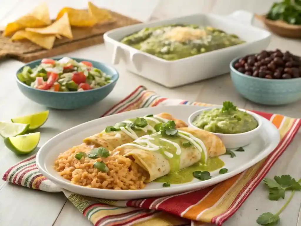 Serving suggestions for chicken enchiladas with green sauce, paired with Mexican rice, beans, salad, and tortilla chips with guacamole