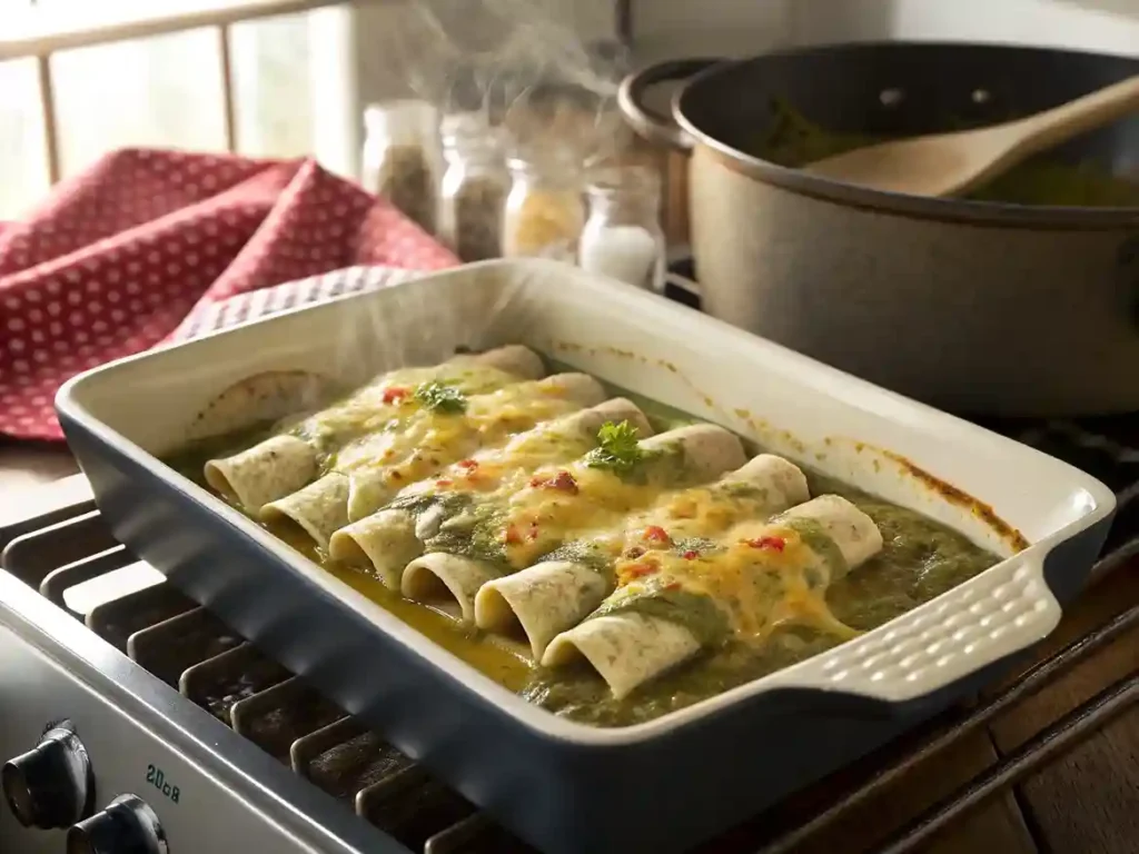 Chicken enchiladas with green sauce baking in the oven, topped with melted cheese and bubbling sauce.