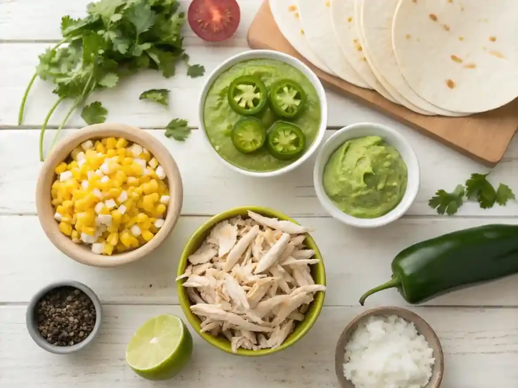 Flat lay of fresh ingredients for chicken enchiladas with green sauce, including shredded chicken, tomatillos, jalapeños, tortillas, cheese, cilantro, and lime