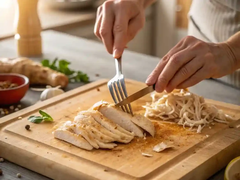 Shredded cooked chicken breast on a wooden cutting board with spices ready for chicken enchiladas with green sauce.