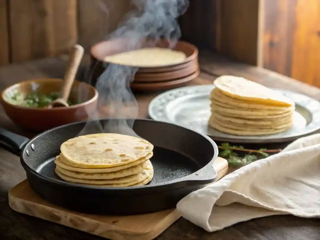 Warm corn tortillas on a skillet, stacked and ready to roll for chicken enchiladas with green sauce.