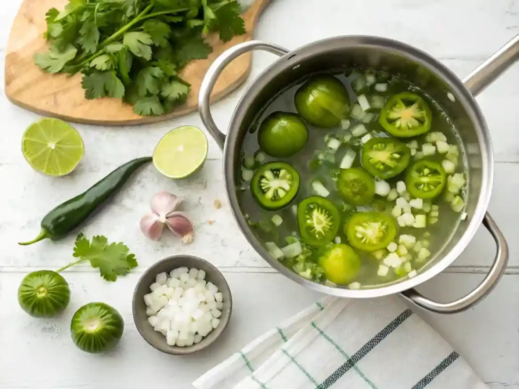 Tomatillos, jalapeños, onions, and garlic simmering in a saucepan for enchilada green sauce.
