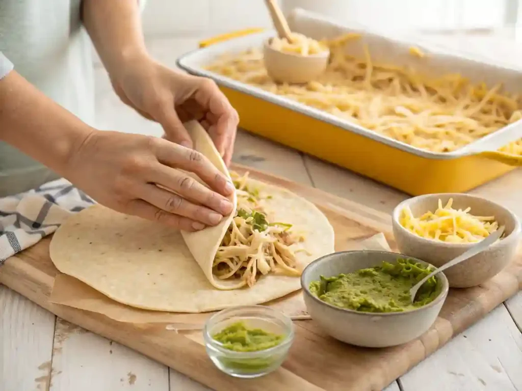 Hands filling tortillas with shredded chicken and cheese, assembling enchiladas in a baking dish